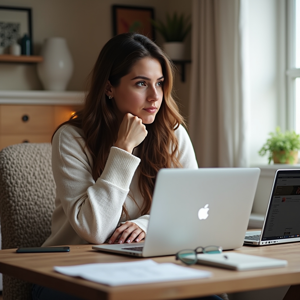 flux dev small business owner woman sitting at desk with two l 3