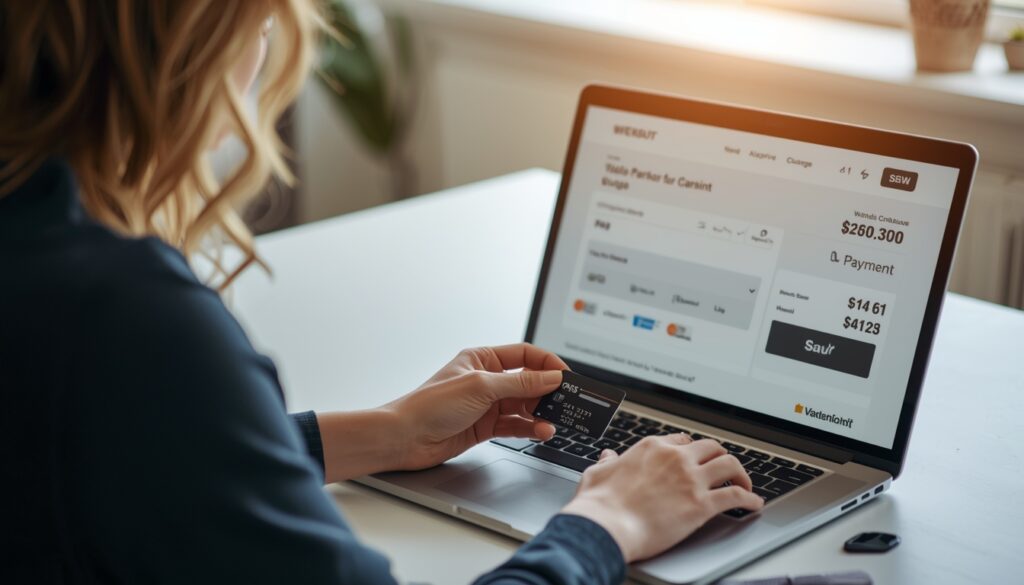 How to Accept Payments on Your Own Store — Stripe vs PayPal for Small Business lucid origin small business owner woman at clean desk holding credit card while looking at la 0