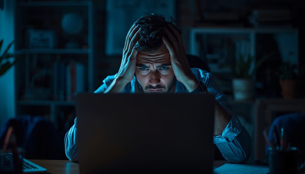 Why Your Amazon Store Isn't Truly Yours: The Risk of Account Suspension lucid origin stressed male entrepreneur sitting at desk staring at laptop showing account sus 0