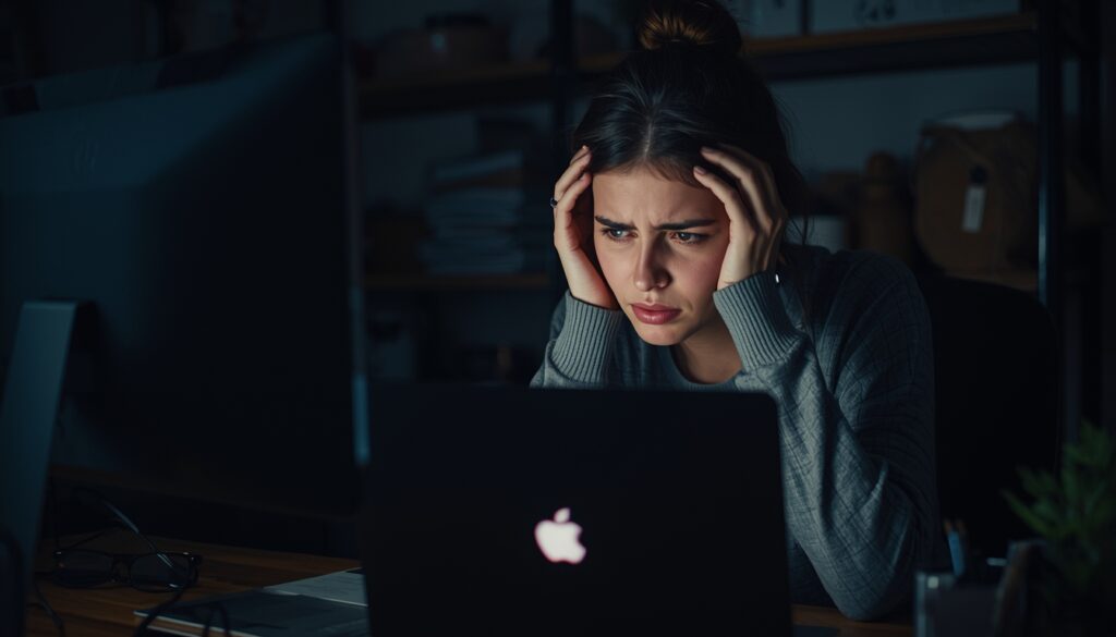 lucid origin stressed small business owner woman sitting at desk staring at laptop screen sho 0