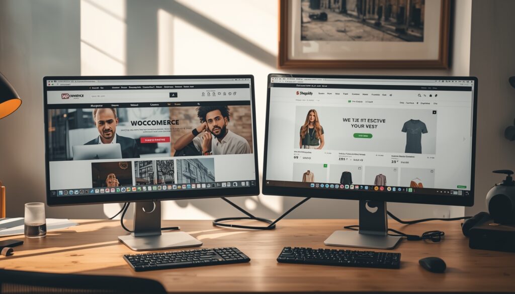 lucid origin two computer screens side by side on a clean wooden desk showing different e com 0