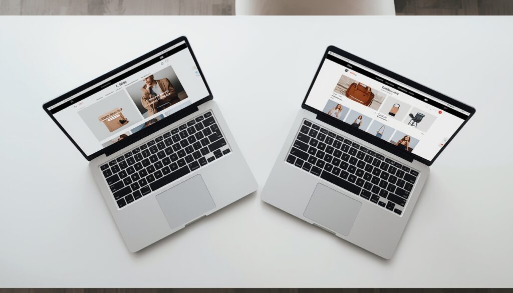 lucid origin two laptops side by side on clean white desk one showing etsy marketplace interf 0