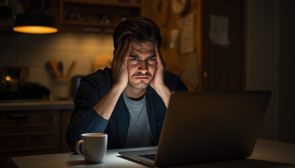lucid origin worried male entrepreneur sitting at kitchen table late at night laptop open sho 0