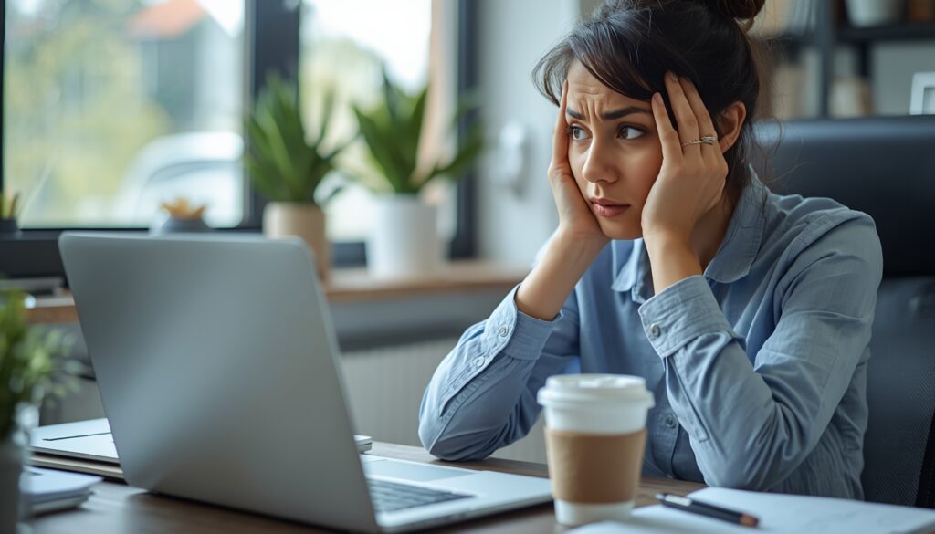 lucid origin frustrated small business owner woman looking at laptop screen showing financial 0