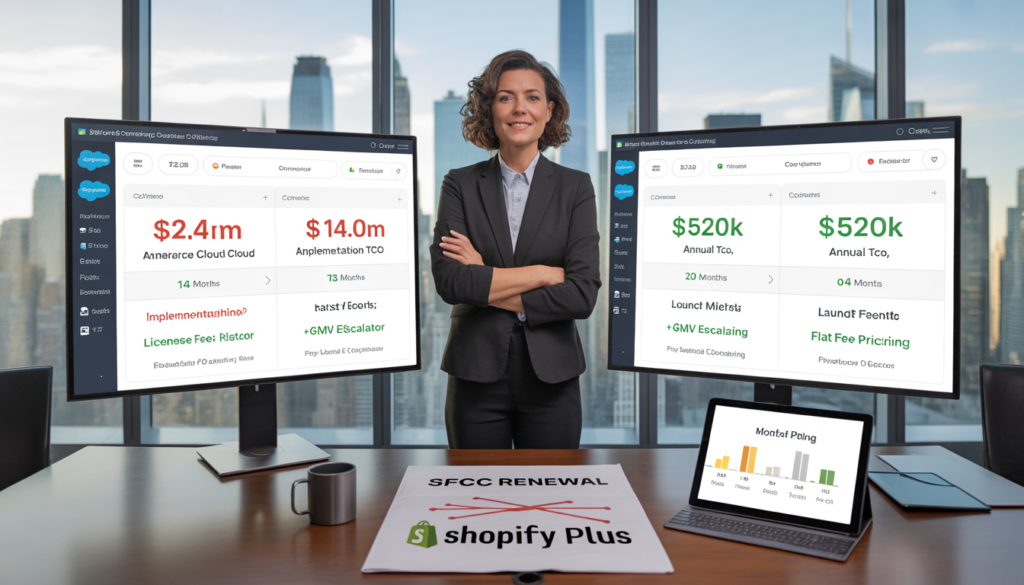 From $2M to $60k: Why Enterprise Brands Are Dumping Salesforce Commerce Cloud for Shopify Plus ideogram v3.0 exquisite high fashion photography of a confident female enterprise e‑commerce 0