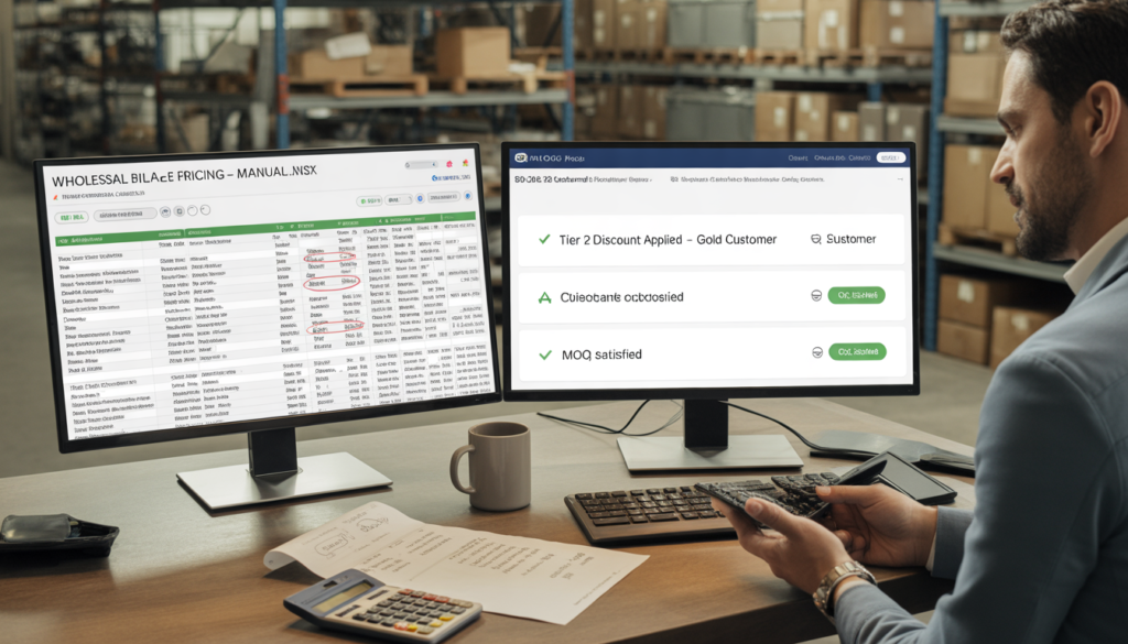 B2B E‑commerce: Stop Emailing Spreadsheets – Tiered Pricing, MOQs, and Private Catalogs Without an Enterprise Budget ideogram v3.0 exquisite high fashion photography of a focused male operations manager in his l 0