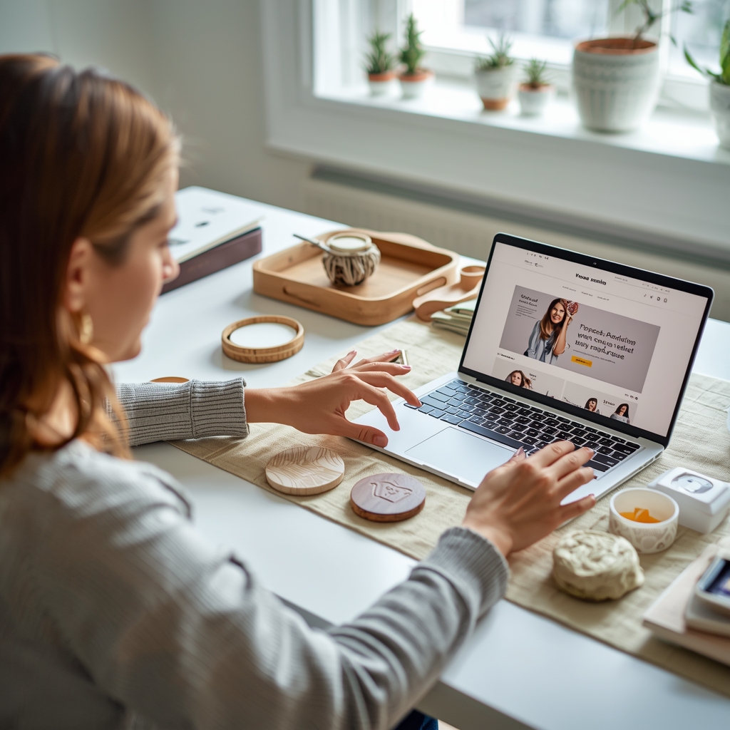 lucid origin small business owner woman arranging 50 handmade products on a clean desk laptop 0.jpg