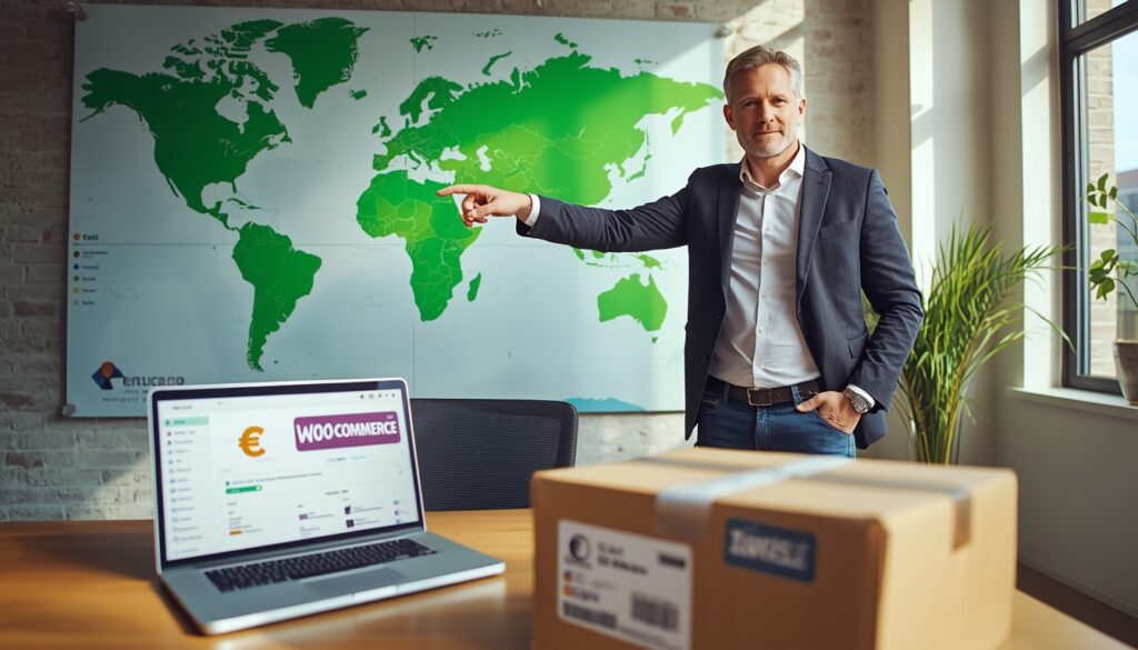 How to Sell to Europe from the USA with WooCommerce (The Complete Tax, Shipping & Localization Guide) lucid origin exquisite high fashion photography of a confident male entrepreneur in his early 0