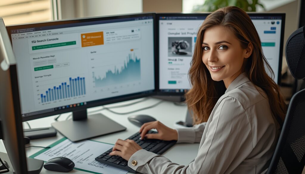 lucid origin exquisite high fashion photography of a focused female seo specialist in her ear 0