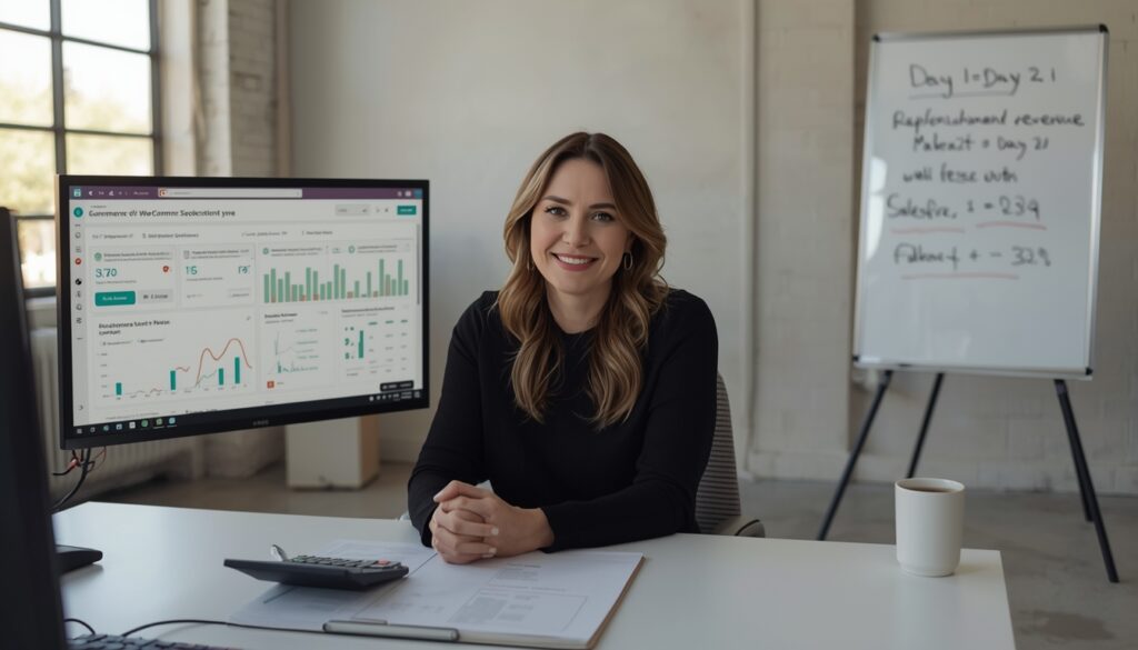 Salesforce for Small Business? When to Leave WooCommerce Behind (And When to Run the Other Way) lucid origin exquisite high fashion photography of female founder in her late 30s sitting at 0